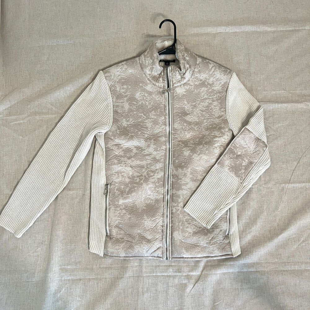 INC International Concepts Beige Textured Zip Jacket Size M Faux Fur Lin